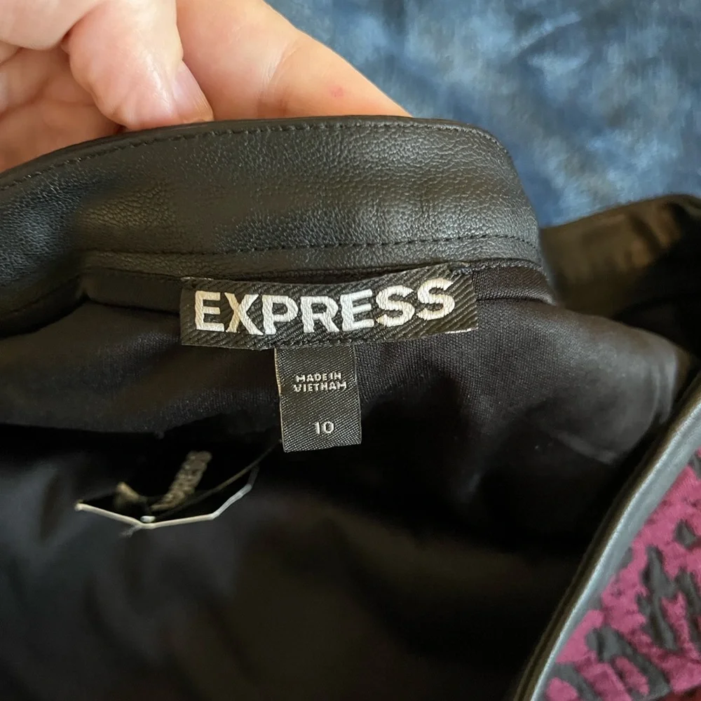NWT Express Purple and Black Leopard‎ Pencil Midi Skirt Vegan Leather Trim
